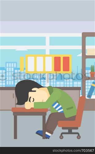 An asian man sleeping at workplace on laptop keyboard and low power battery sign over his head. Man sleeping in the office. Vector flat design illustration. Vertical layout.. Man sleeping at workplace vector illustration.