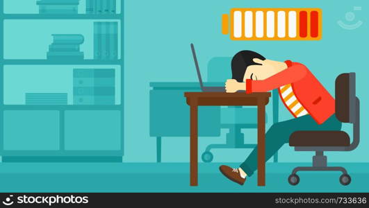 An asian man sleeping at workplace on laptop keyboard and low power battery sign over his head on the background of business office vector flat design illustration. Horizontal layout.. Employee sleeping at workplace.