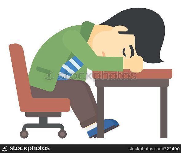 An asian man sleeping on table vector flat design illustration isolated on white background. . Man sleeping on table.