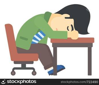 An asian man sleeping on table vector flat design illustration isolated on white background. . Man sleeping on table.