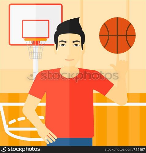 An asian man spinning basketball ball on his finger on the background of basketball court vector flat design illustration. Square layout.. Basketball player spinning ball.