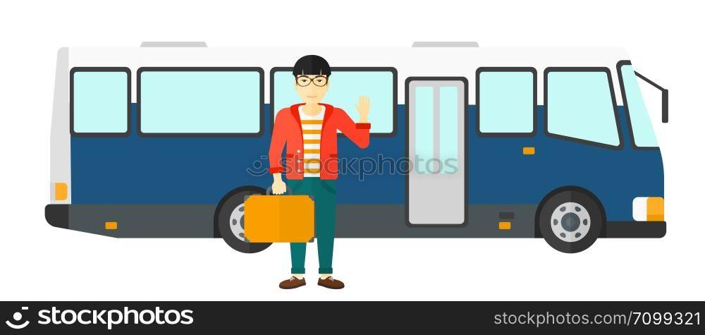 An asian man standing at the entrance door of bus vector flat design illustration isolated on white background.. Man standing near bus.