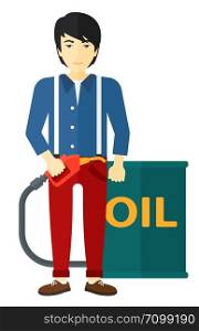 An asian man standing beside the oil can and holding filling nozzle vector flat design illustration isolated on white background. . Man with oil can and filling nozzle.