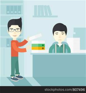 An asian man standing giving a paper work to do to chinese man sitting, stressful man in office with stack of paper on his desk. Business concept in overload work and very busy. A contemporary style with pastel palette soft blue tinted background. Vector flat design illustration. Square layout. . Two asian office clerk inside the office.