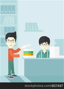 An asian man standing giving a paper work to do to chinese man sitting, stressful man in office with stack of paper on his desk. Business concept in overload work and very busy. A contemporary style with pastel palette soft blue tinted background. Vector flat design illustration. Vertical layout. . Two asian office clerk inside the office.
