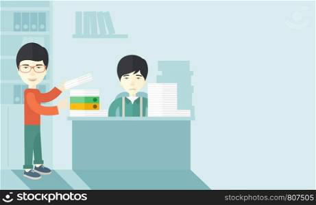 An asian man standing giving a paper work to do to chinese man sitting, stressful man in office with stack of paper on his desk. Business concept in overload work and very busy. A contemporary style with pastel palette soft blue tinted background. Vector flat design illustration. Horizontal layout with text space in right side. . Two asian office clerk inside the office.