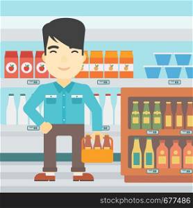 An asian man standing in alcohol store. Man holding pack of beer at supermarket. Man standing at alcohol section. Vector flat design illustration. Square layout.. Man with pack of beer at supermarket.