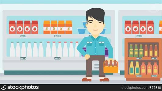 An asian man standing in alcohol store. Man holding pack of beer at supermarket. Man standing at alcohol section. Vector flat design illustration. Horizontal layout.. Man with pack of beer at supermarket.