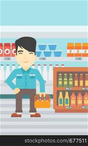 An asian man standing in alcohol store. Man holding pack of beer at supermarket. Man standing at alcohol section. Vector flat design illustration. Vertical layout.. Man with pack of beer at supermarket.