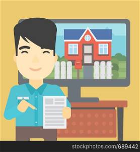 An asian man standing in front of tv screen with house photo on it and pointing at a real estate contract. Concept of signing of real estate contract. Vector flat design illustration. Square layout.. Real estate agent offering house.
