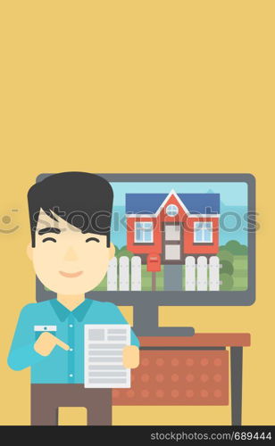 An asian man standing in front of tv screen with house photo on it and pointing at a real estate contract. Concept of signing of real estate contract. Vector flat design illustration. Vertical layout.. Real estate agent offering house.
