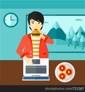 An asian man standing in room in front of a laptop while eating junk food vector flat design illustration. Square layout.. Man eating hamburger.