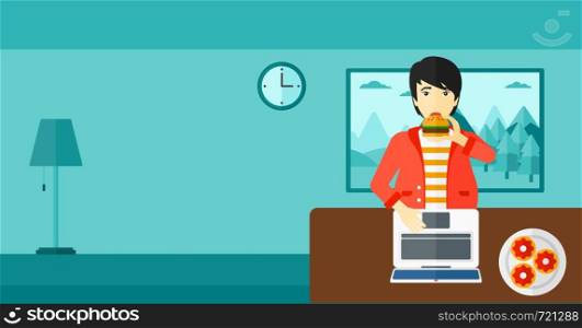 An asian man standing in room in front of a laptop while eating junk food vector flat design illustration. Horizontal layout.. Man eating hamburger.