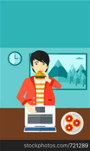 An asian man standing in room in front of a laptop while eating junk food vector flat design illustration. Vertical layout.. Man eating hamburger.