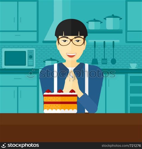 An asian man standing in the kitchen and looking with passion at a big cake vector flat design illustration. Square layout.. Man looking at cake.