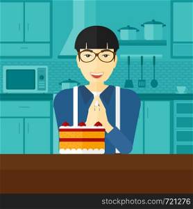 An asian man standing in the kitchen and looking with passion at a big cake vector flat design illustration. Square layout.. Man looking at cake.