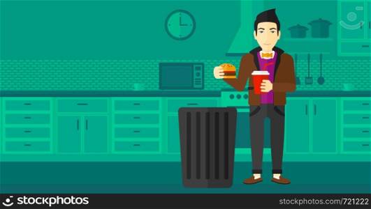 An asian man standing in the kitchen and putting junk food into a trash bin vector flat design illustration. Horizontal layout.. Man throwing junk food.
