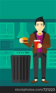 An asian man standing in the kitchen and putting junk food into a trash bin vector flat design illustration. Vertical layout.. Man throwing junk food.