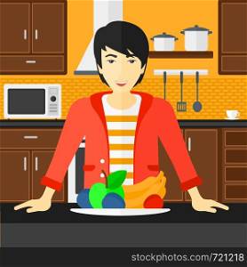 An asian man standing in the kitchen in front of table full of organic healthy food vector flat design illustration. Square layout.. Man with healthy food.