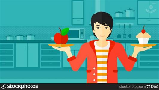 An asian man standing in the kitchen with apple and cake in hands symbolizing choice between healthy and unhealthy food vector flat design illustration. Horizontal layout.. Man with apple and cake.
