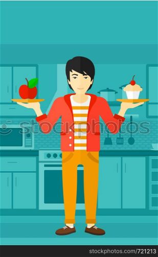 An asian man standing in the kitchen with apple and cake in hands symbolizing choice between healthy and unhealthy food vector flat design illustration. Vertical layout.. Man with apple and cake.