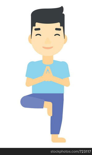 An asian man standing in yoga tree pose vector flat design illustration isolated on white background.. Man practicing yoga.