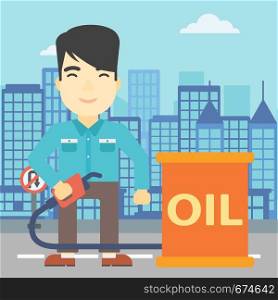 An asian man standing near oil barrel. Man holding gas pump nozzle on a city background. Man with gas pump and oil barrel. Vector flat design illustration. Square layout.. Man with oil barrel and gas pump nozzle.