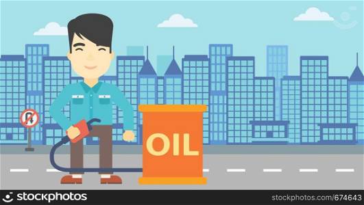 An asian man standing near oil barrel. Man holding gas pump nozzle on a city background. Man with gas pump and oil barrel. Vector flat design illustration. Horizontal layout.. Man with oil barrel and gas pump nozzle.