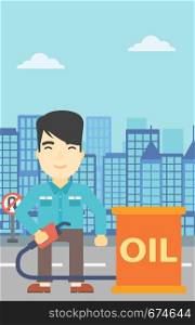 An asian man standing near oil barrel. Man holding gas pump nozzle on a city background. Man with gas pump and oil barrel. Vector flat design illustration. Vertical layout.. Man with oil barrel and gas pump nozzle.
