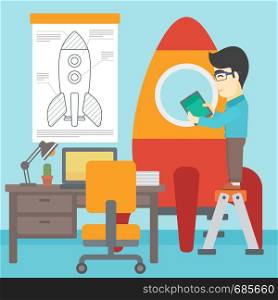 An asian man standing on ladder and engeneering a rocket. Man working on the start up of a new business. Business start up concept. Vector flat design illustration. Square layout.. Business start up vector illustration.