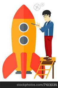 An asian man standing on ladder and engeneering a rocket vector flat design illustration isolated on white background. . Business start up.