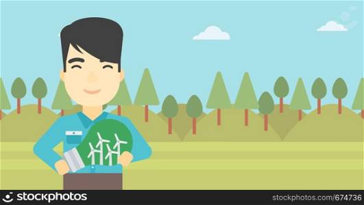 An asian man standing on the background of green forest and holding in hands a big light bulb with small wind turbines inside. Green energy concept. Vector flat design illustration. Horizontal layout.. Man holding lightbulb with windmills inside.