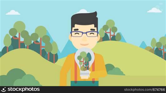 An asian man standing on the background of green forest and holding in hands a big lightbulb with trees inside. Green energy concept. Vector flat design illustration. Horizontal layout.. Man with lightbulb and trees inside.