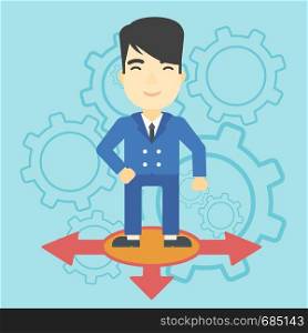 An asian man standing on three alternative ways on a blue background with cogwheels. Concept of career choices. Vector flat design illustration. Square layout.. Man choosing career way.