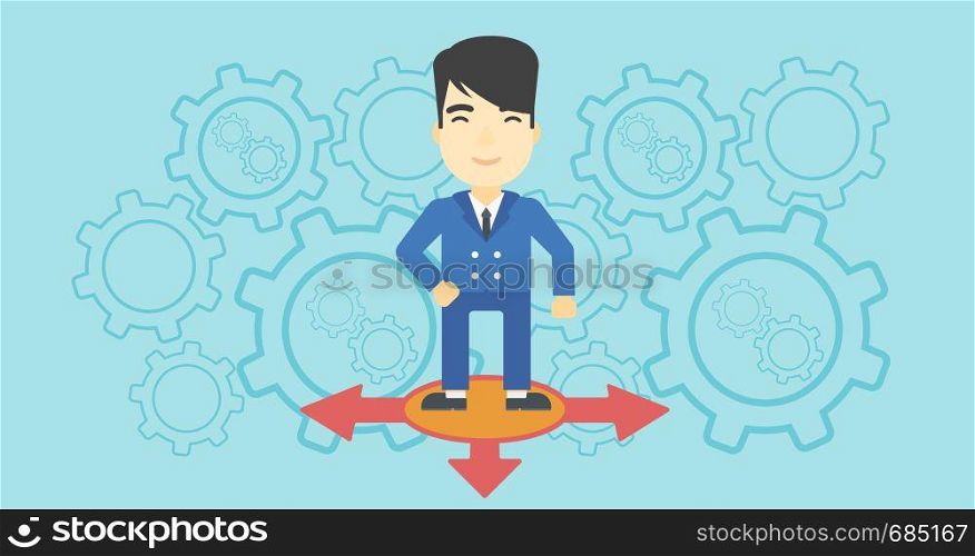 An asian man standing on three alternative ways on a blue background with cogwheels. Concept of career choices. Vector flat design illustration. Horizontal layout.. Man choosing career way.