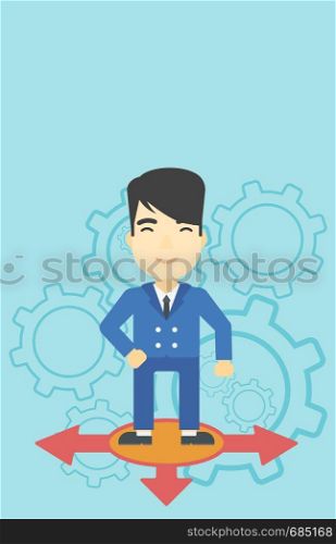 An asian man standing on three alternative ways on a blue background with cogwheels. Concept of career choices. Vector flat design illustration. Vertical layout.. Man choosing career way.