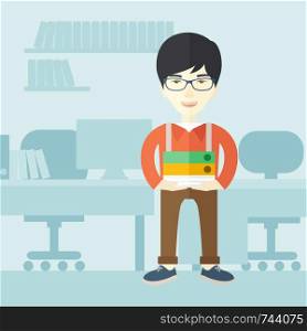 An asian man standing while holding book files ready for his business presentation. Planning concept. A Contemporary style with pastel palette, soft blue tinted background. Vector flat design illustration. Square layout. . Asian man standing inside his office.