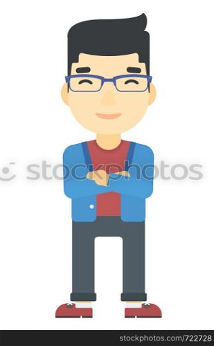 An asian man standing with crossed arms vector flat design illustration isolated on white background. Vertical layout.. Happy man with crossed arms.