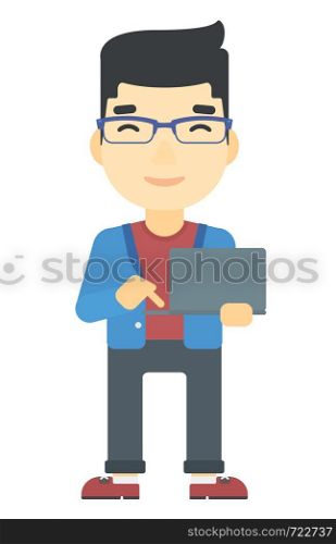 An asian man standing with laptop in the hands vector flat design illustration isolated on white background. Vertical layout.. Man using laptop.