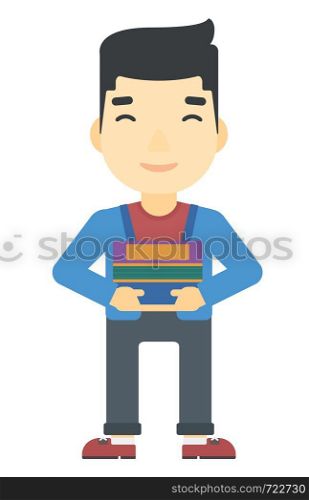 An asian man standing with pile of folders vector flat design illustration isolated on white background. Vertical layout.. Man holding folders.