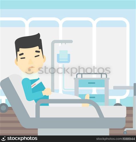An asian man suffering from neck pain. Man with injured neck lying in bed in hospital ward. Man with neck brace. Vector flat design illustration. Square layout.. Man with neck injury vector illustration.