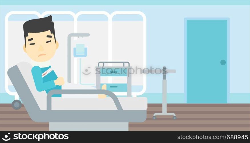 An asian man suffering from neck pain. Man with injured neck lying in bed in hospital ward. Man with neck brace. Vector flat design illustration. Horizontal layout.. Man with neck injury vector illustration.