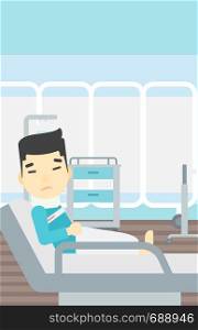 An asian man suffering from neck pain. Man with injured neck lying in bed in hospital ward. Man with neck brace. Vector flat design illustration. Vertical layout.. Man with neck injury vector illustration.