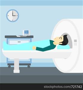 An asian man undergoes an magnetic resonance imaging scan test in hospital vector flat design illustration. Square layout.. Magnetic resonance imaging.