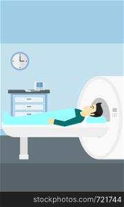 An asian man undergoes an magnetic resonance imaging scan test in hospital vector flat design illustration. Vertical layout.. Magnetic resonance imaging.