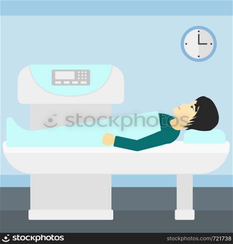 An asian man undergoes an open magnetic resonance imaging scan procedure in hospital vector flat design illustration. Square layout.. Magnetic resonance imaging.
