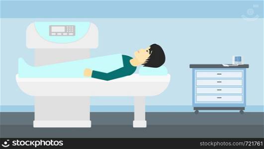 An asian man undergoes an open magnetic resonance imaging scan procedure in hospital vector flat design illustration. Horizontal layout.. Magnetic resonance imaging.