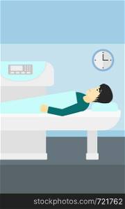 An asian man undergoes an open magnetic resonance imaging scan procedure in hospital vector flat design illustration. Vertical layout.. Magnetic resonance imaging.