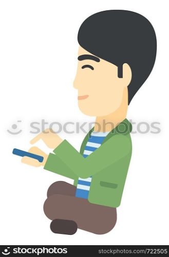 An asian man using mobile phone vector flat design illustration isolated on white background. . Man using mobile phone.