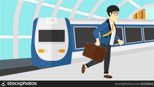 An asian man walking on the platform on the background of modern train arriving at the station vector flat design illustration. Horizontal layout.. Man going out of train.